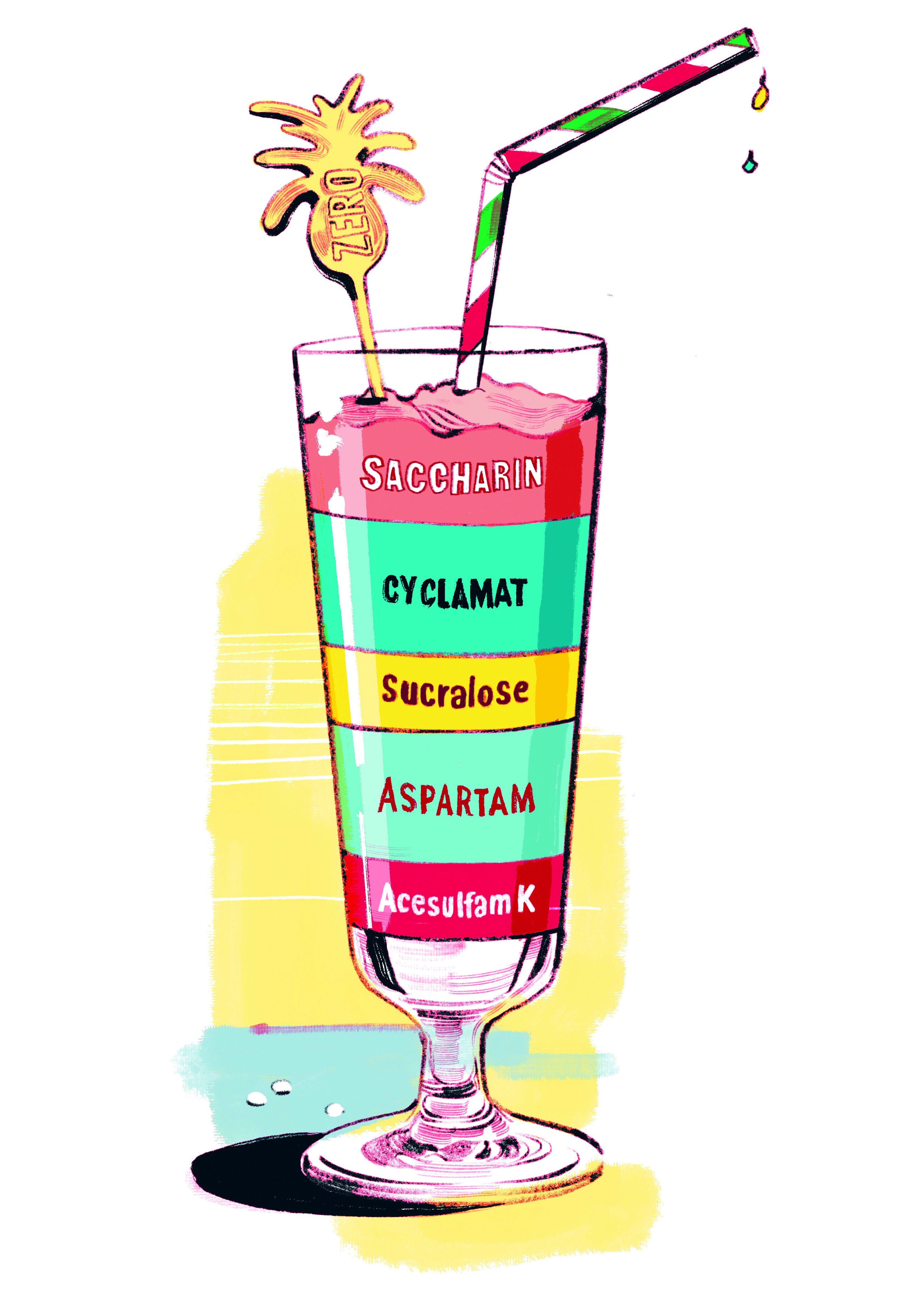 Cocktailglas mit verschieden farbig geschichtetem Inhalt. Die Schichten tragen Namen verschiedener Süßungsmittel: Saccharoin, Cyclamat, Sucralose, Aspartam, Acesulfam K