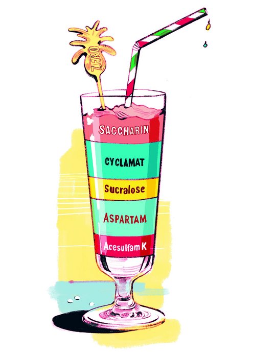 Cocktailglas mit verschieden farbig geschichtetem Inhalt. Die Schichten tragen Namen verschiedener S&uuml;&szlig;ungsmittel: Saccharoin, Cyclamat, Sucralose, Aspartam, Acesulfam K