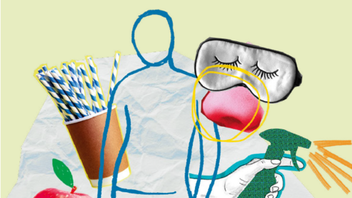 Collage mit Alltagsgegenst&auml;nden und Lebensmitteln