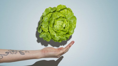 Hand wirft vorsichtig Salat