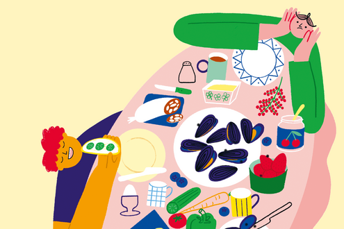 Illustration von einer Person am voll gedeckten Tisch