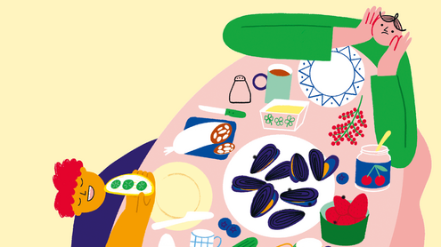 Illustration von einer Person am voll gedeckten Tisch