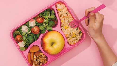 Aufbewahrungsbox mit Reis, N&uuml;ssen, Salat und Apfel