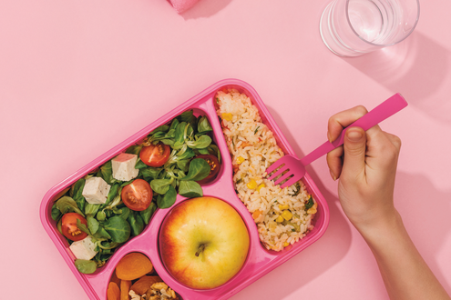 Aufbewahrungsbox mit Reis, N&uuml;ssen, Salat und Apfel