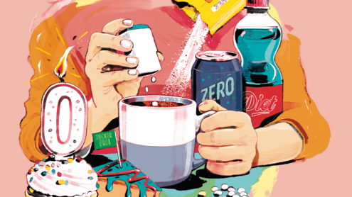 Bunt colorierte Zeichnung mit Produkten, die die Aufschrift "zero", "Light" oder "0" tragen wie eine Getr&auml;nkeflasche. eine Dose, ein Cupcake, ein St&uuml;ck Torte, Bonbons.  In eine Tasse mit Kaffee darin werden S&uuml;&szlig;stofftabletten aus einem Spender gedr&uuml;ckt.
