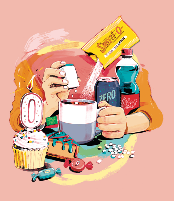 Bunt colorierte Zeichnung mit Produkten, die die Aufschrift "zero", "Light" oder "0" tragen wie eine Getr&auml;nkeflasche. eine Dose, ein Cupcake, ein St&uuml;ck Torte, Bonbons.  In eine Tasse mit Kaffee darin werden S&uuml;&szlig;stofftabletten aus einem Spender gedr&uuml;ckt.