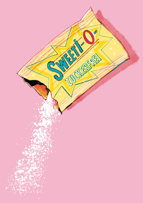 Zeichnung einer aufgerissenen Verpackung mit der Aufschrift "Sweeti-0 zuckerfrei"